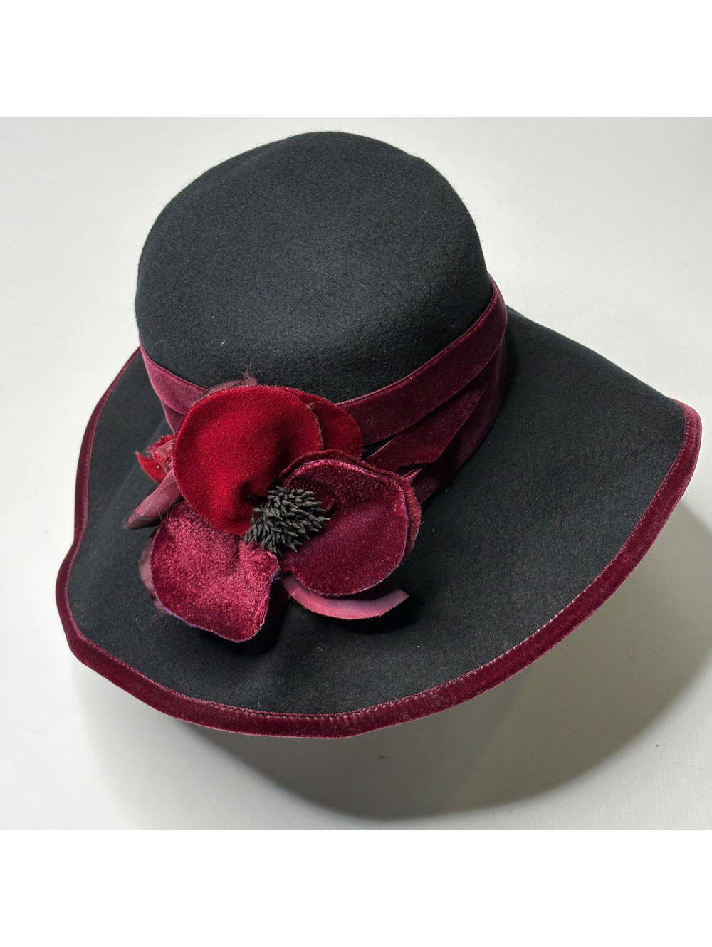 Vintage Made in USA 100% Wool Wide Brim Floral Felt Hat